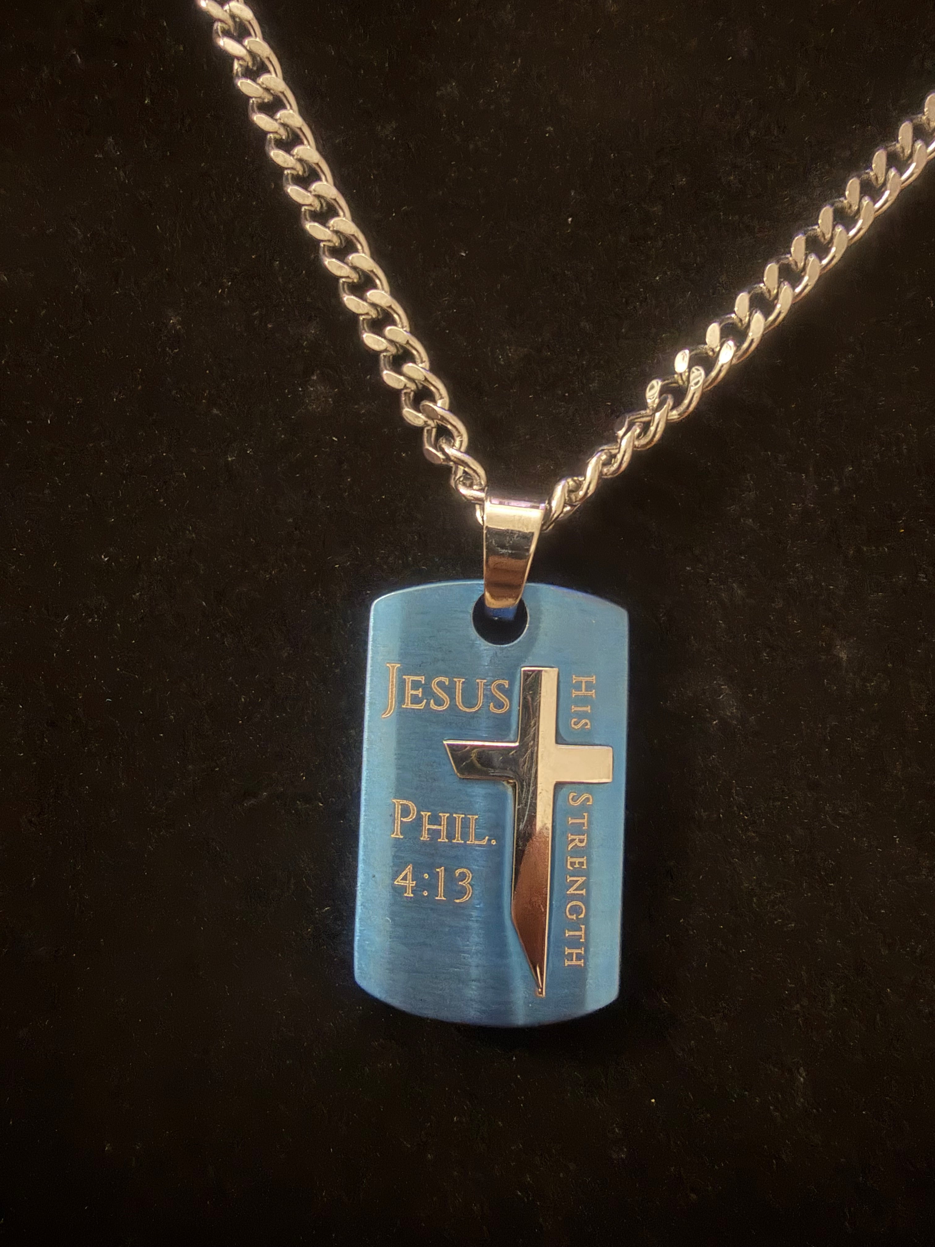 Philippians 4:13 Dog Tag Necklace - His Strength | Placa Filipenses 4:13