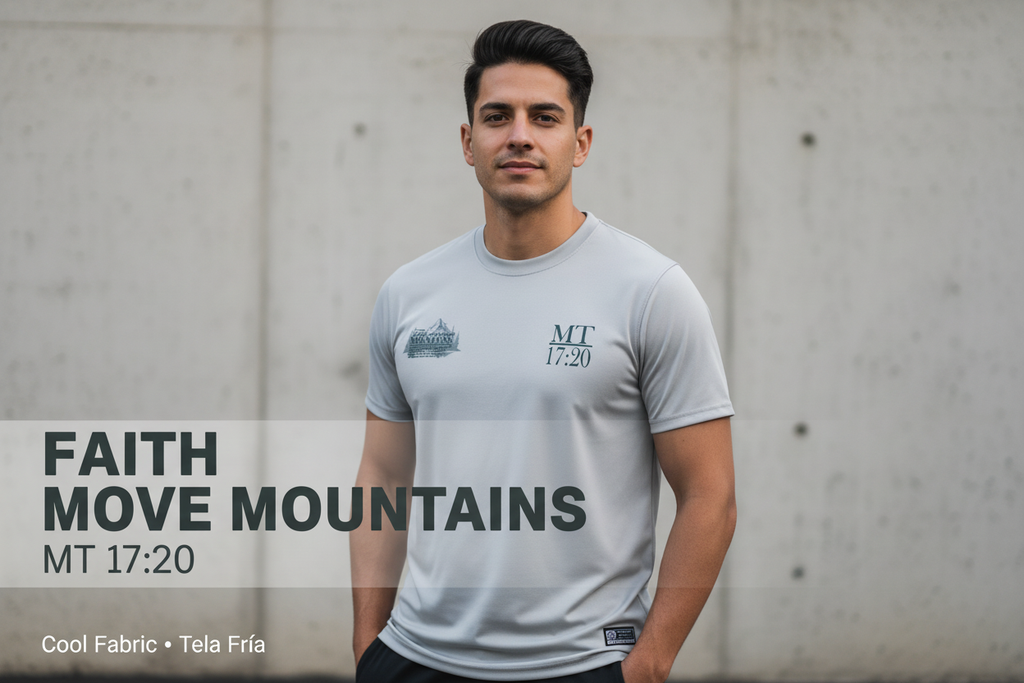 Banner web lifestyle - Modelo usando camisa Faith Move Mountains